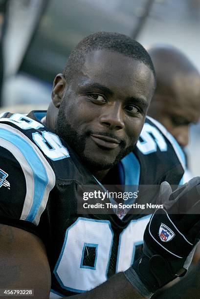 Brentson Buckner of the Carolina sits on the sideline during a game against the Minnesota Vikings on October 30, 2005 at the Bank of America Stadium...