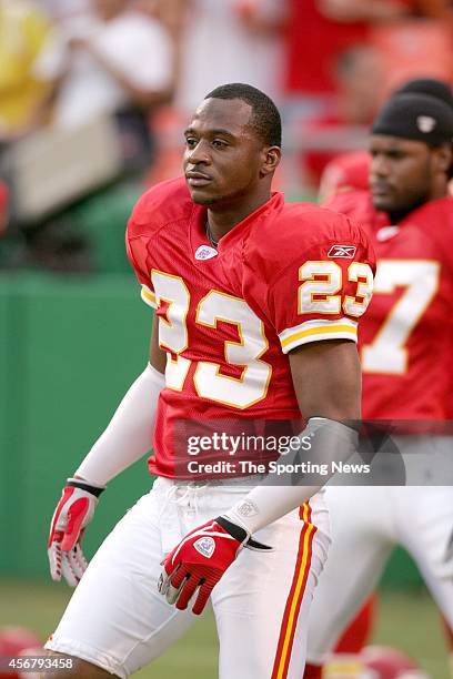 Patrick Surtain of the Kansas City Chiefs participates in warm-ups during a game against the Seattle Seahawks on August 27, 2005 at the CenturyLink...