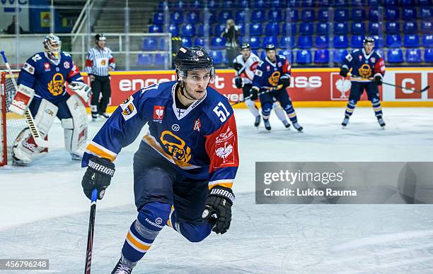 Jesse Virtanen of rauma lukko going for the tackle during the Champions Hockey League group stage game between Lukko Rauma and Lulea Hockey on...