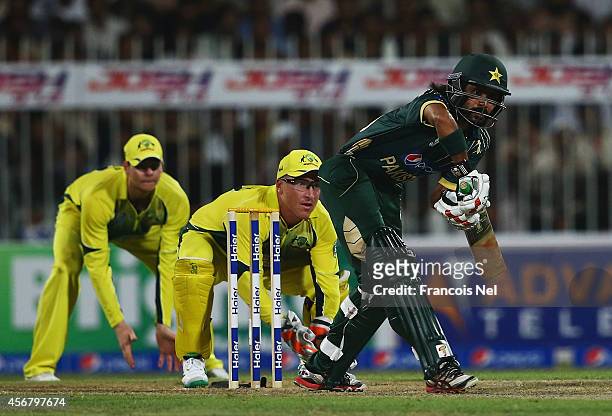 Fawad Alam of Pakistan bats during the first match of the one day international series between Australia and Pakistan at Sharjah Cricket Stadium on...