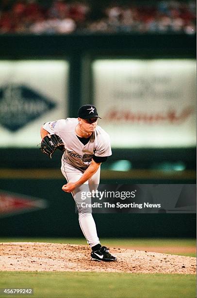 Billy Wagner of the Houston Astros pitches against the St. Louis Cardinals at Busch Stadium on July 23, 1997 in St. Louis, Missouri.