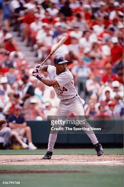 Juan Encarnacion of the Detroit Tigers bats against the St. Louis Cardinals on June 13, 1999 at Busch Stadium in St. Louis, Missouri.