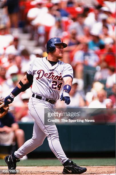 Karim Garcia of the Detroit Tigers bats against the St. Louis Cardinals on June 13, 1999 at Busch Stadium in St. Louis, Missouri.