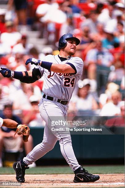 Karim Garcia of the Detroit Tigers bats against the St. Louis Cardinals on June 13, 1999 at Busch Stadium in St. Louis, Missouri.