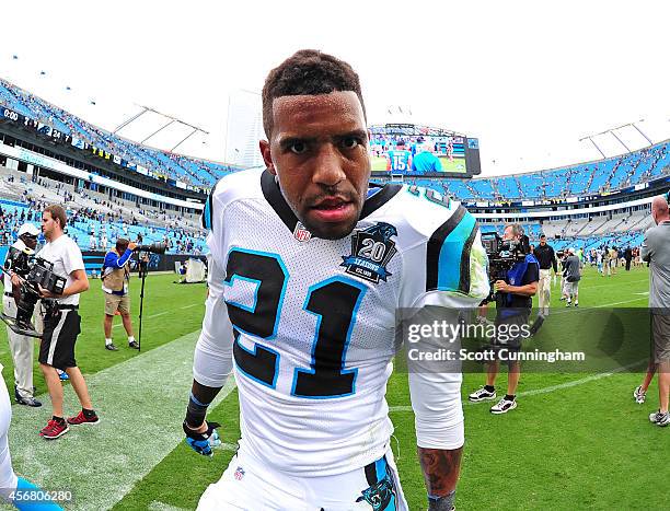 Thomas DeCoud of the Carolina Panthers celebrates after the game against the Detroit Lions at Bank of America Stadium on September 14, 2014 in...