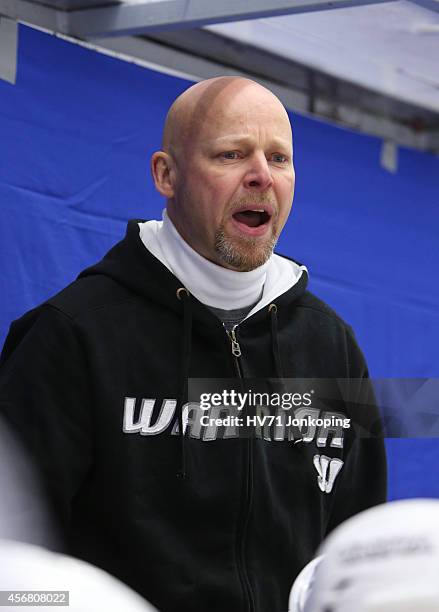 Marko Virtanen , headcoach coach of JYP Jyvaskyla during the Champions Hockey League group stage game between HV71 Jonkoping and JYP Jyvaskyla on...