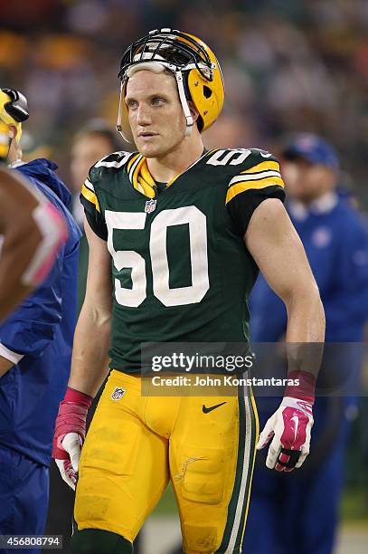 Hawk of the Green Bay Packers on the sidelines during the fourth quarter of the NFL game against the Minnesota Vikings on October 02, 2014 at Lambeau...