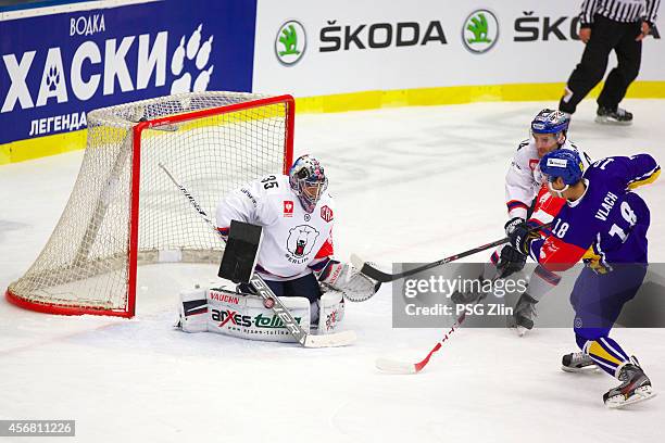 Vlach Roman, PSG Zlin, #35 Niederberger Mathias, HC Eisbren Berlin during the Champions Hockey League group stage game between PSG Zlin and Eisbaeren...