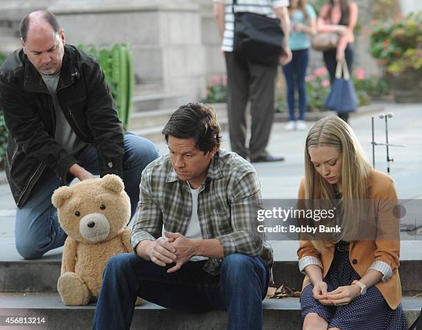 Mark Wahlberg and Amanda Seyfried with "Ted" on the set of "Ted2" on October 7, 2014 in New York City.