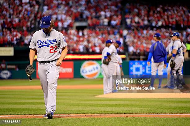 Clayton Kershaw of the Los Angeles Dodgers exits the game in the seventh inning after giving up a three run home run against the St. Louis Cardinals...