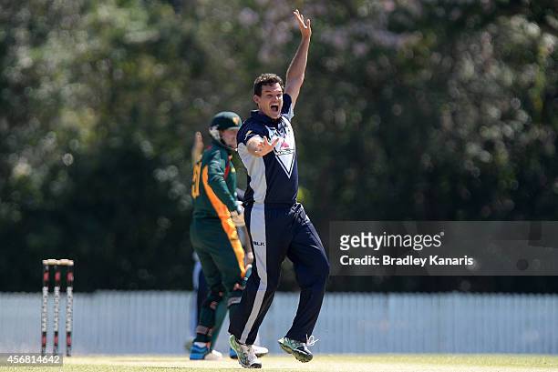 Clint McKay of Victoria claims the wicket of Ben Dunk of Tasmania during the Matador BBQs One Day Cup match between Tasmania and Victoria at Allan...