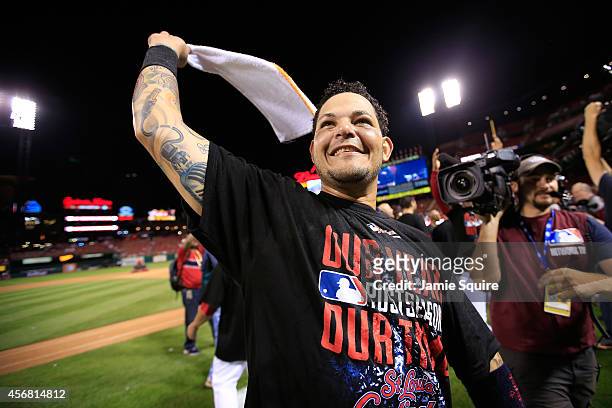 Yadier Molina of the St. Louis Cardinals celebrates after defeating the Los Angeles Dodgers in Game Four of the National League Divison Series at...