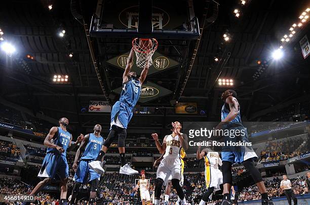 Corey Brewer of the Minnesota Timberwolves dunks against the Indiana Pacers at Bankers Life Fieldhouse on October 7, 2014 in Indianapolis, Indiana....