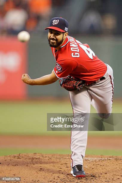 Gio Gonzalez of the Washington Nationals pitches in the first inning against the San Francisco Giants during Game Four of the National League...