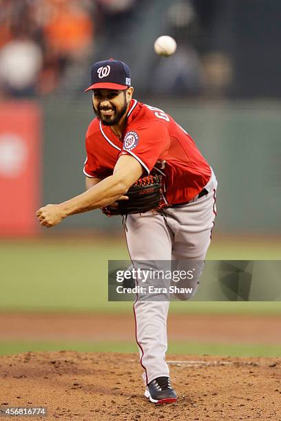 Gio Gonzalez of the Washington Nationals pitches in the first inning against the San Francisco Giants during Game Four of the National League...