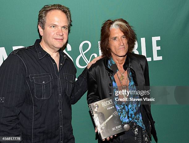 Radio personality Eddie Trunk and guitarist Joe Perry of Aerosmith attend "Joe Perry in Conversation With Eddie Trunk" at Barnes & Noble Union Square...