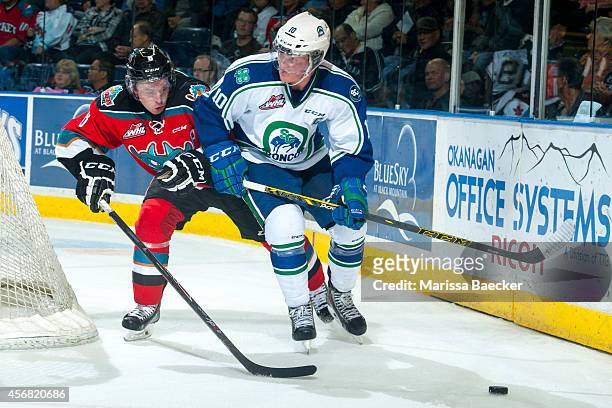 Colby Cave of Swift Current Broncos skates behind the net with the puck as Colten Martin of Kelowna Rockets back checks during second period on...