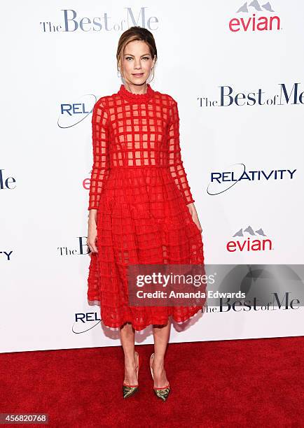 Actress Michelle Monaghan arrives at the Los Angeles premiere of "The Best Of Me" at the Regal Cinemas L.A. Live on October 7, 2014 in Los Angeles,...