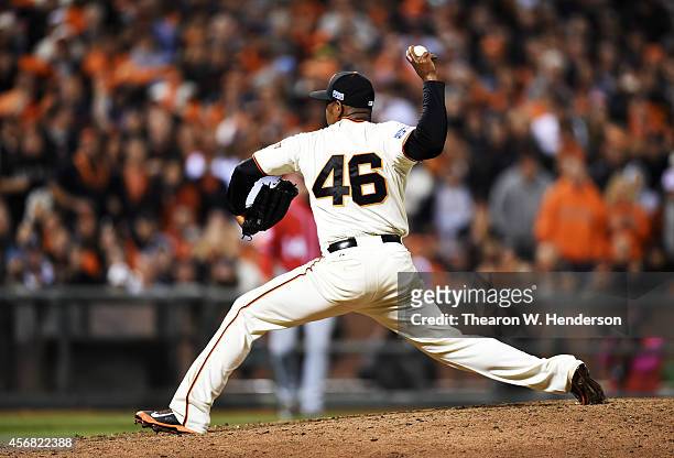 Santiago Casilla of the San Francisco Giants pitches in the ninth inning against the Washington Nationals during Game Four of the National League...