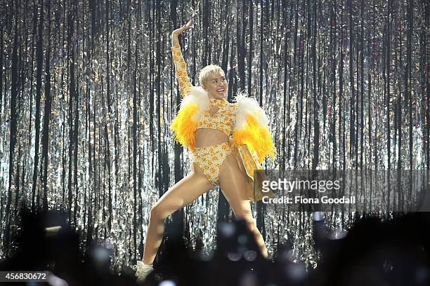 Miley Cyrus performs live at her opening night of The Bangerz Tour at Vector Arena on October 8, 2014 in Auckland, New Zealand.