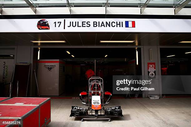 Jules Bianchi of France and Marussia's name is displayed above his side of the team garage during previews ahead of the Russian Formula One Grand...