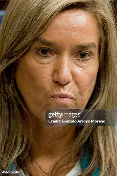 Spanish Health Minister Ana Mato gestures during a plenary session at the Spanish Parliament on October 8, 2014 in Madrid, Spain. Spanish Health...