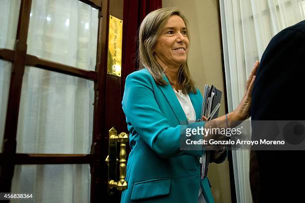 Spanish Health Minister Ana Mato leaves the Spanish Parliament camera behind a party mate on October 8, 2014 in Madrid, Spain. Spanish Health...