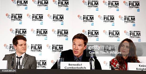 Screenwriter Graham Moore, actors Benedict Cumberbatch and Keira Knightley attend the press conference for "The Imitation Game" during the 58th BFI...