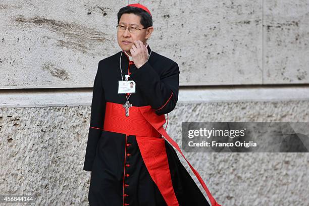 Manila Archbishop Cardinal Luis Antonio Tagle arrives at the Synod Hall for the third day Synod on the themes of family on October 8, 2014 in Vatican...