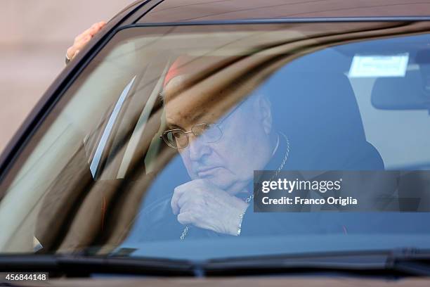 Former Vatican Secretary of State Cardinal Angelo Sodano arrives at the Synod Hall for the third day Synod on the themes of family on October 8, 2014...