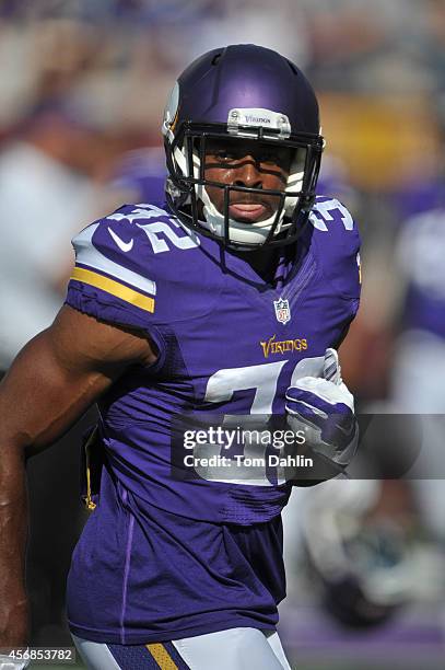 Antone Exum of the Minnesota Vikings warms up prior to an NFL game against the Atlanta Falcons at TCF Bank Stadium, on September 28, 2014 in...