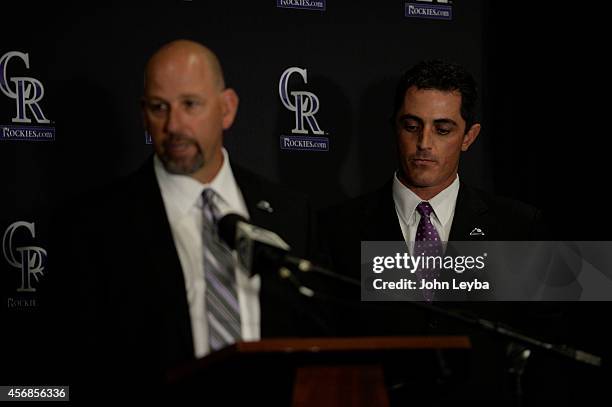 Colorado Rockies introduce Jeff Bridich as the Rockies General Manager October 8, 2014 at Coors Field. Rockies Manager Walt Weiss takes the podium to...