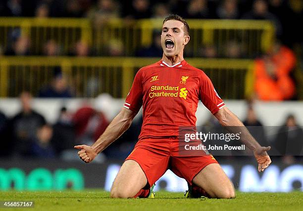 Jordan Henderson of Liverpool celebrates after scoring the second goal during the Barclays Premier Leauge match between Tottenham Hotspur and...