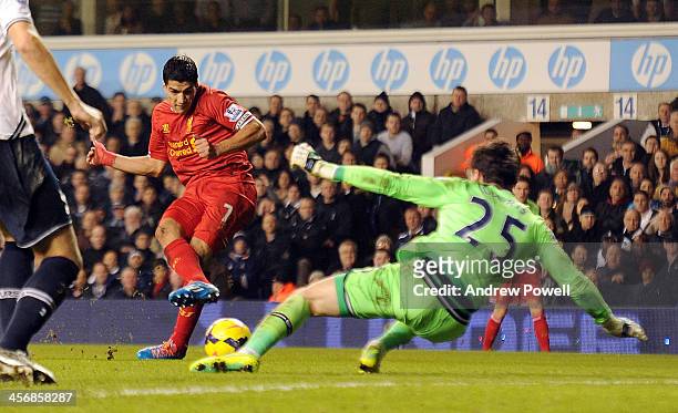 Luis Suarez of Liverpool has a shot but Hugo Lloris of Tottenham Hotspur makes a great save during the Barclays Premier Leauge match between...