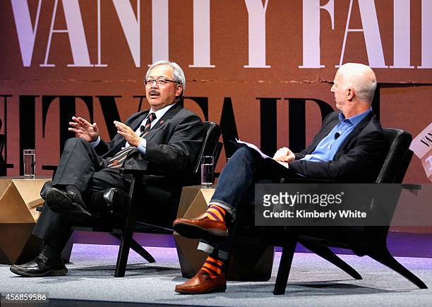 San Francisco Mayor Edwin M. Lee and Vanity Fair Contributing Editor and Moderator Paul Goldberger speak onstage during A World of Cities at the...