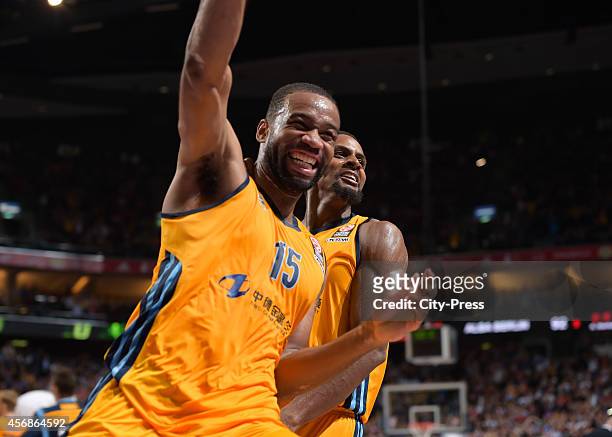 Reggie Redding and Clifford Hammonds of ALBA Berlin during the NBA Global Games Tour 2014 match between Alba Berlin and San Antonio Spurs at O2 World...
