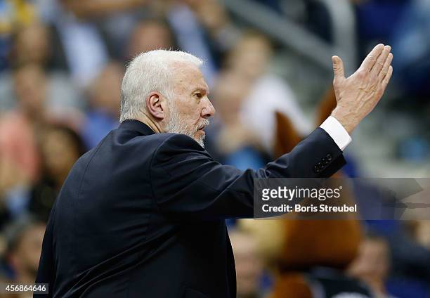 Head Coach Gregg Popovich of the San Antonio Spurs gestures during the NBA Global Games Tour 2014 match between Alba Berlin and San Antonio Spurs at...