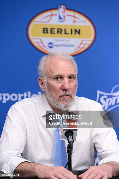 San Antonio Spurs Head Coach Gregg Popovich talks to the media following a game against Alba Berlin as part of the 2014 Global Games on October 8,...