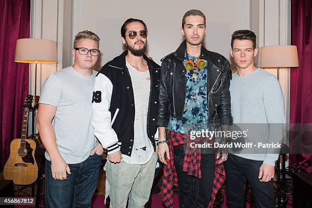 Bill Kaulitz, Tom Kaulitz, Georg Listing and Gustav SchÃ¤fer from Tokio Hotel are posing at Hotel de Sers during Private showcase on October 8, 2014...