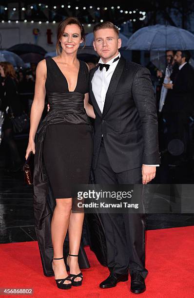 Charlie Webster and Allen Leech attend a screening of "The Imitation Game" on the opening night gala of the 58th BFI London Film Festival at Odeon...
