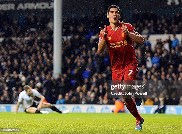 Luis Suarez of Liverpool celebrates after scoring a goal during the Barclays Premier Leauge match between Tottenham Hotspur and Liverpool at White...