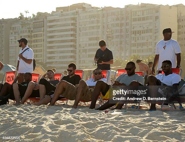 Members of the Cleveland Cavaliers sit on the beach as a part of NBA Global Games on October 8, 2014 in Rio de Janeiro, Brazil. NOTE TO USER: User...
