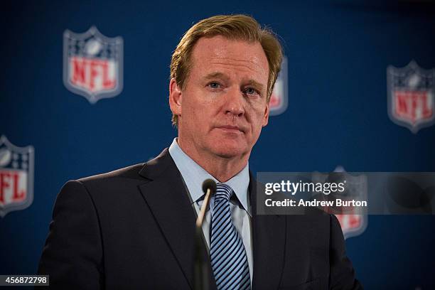 Commissioner Roger Goodell holds a press conference on October 8, 2014 in New York City. Goodell addressed the media at the conclusion of the annual...