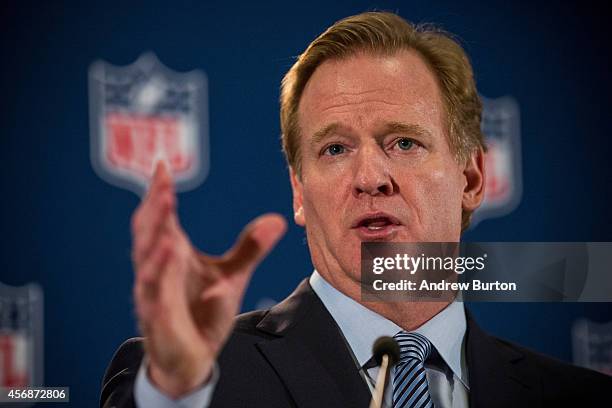 Commissioner Roger Goodell holds a press conference on October 8, 2014 in New York City. Goodell addressed the media at the conclusion of the annual...