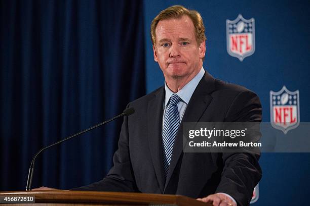 Commissioner Roger Goodell holds a press conference on October 8, 2014 in New York City. Goodell addressed the media at the conclusion of the annual...