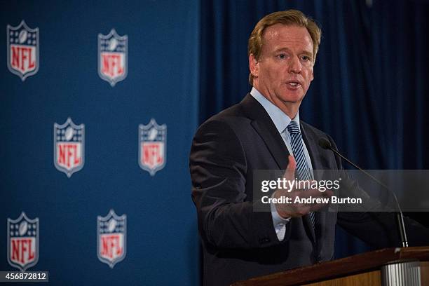 Commissioner Roger Goodell holds a press conference on October 8, 2014 in New York City. Goodell addressed the media at the conclusion of the annual...