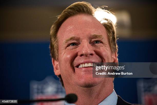 Commissioner Roger Goodell holds a press conference on October 8, 2014 in New York City. Goodell addressed the media at the conclusion of the annual...