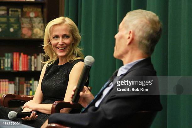 Gillian Anderson attends Gillian Anderson In Conversation With Jeff Rovin to promote new book "A Vision of Fire" at Barnes & Noble Tribeca on October...