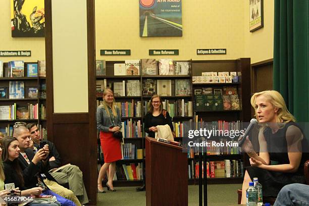 Gillian Anderson attends Gillian Anderson In Conversation With Jeff Rovin to promote new book "A Vision of Fire" at Barnes & Noble Tribeca on October...