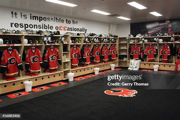 The Calgary Flames dressing room sits empty before the game